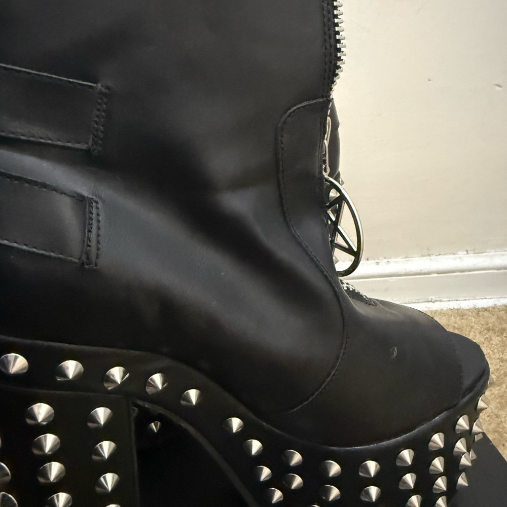 Liliana Black Studded Platform Peep-Toe Boots - Picture 4 of 6